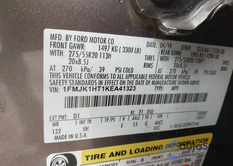 2019 Ford Expedition Max Xlt из США, поврежденный, VIN 1FMJK1HT1KEA41323